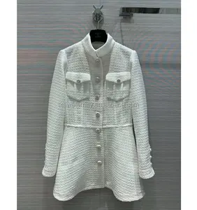 Top Quality Luxury Design with Camellia Logo Rhinestone Pearl Button 100% Silk Lining Knit Jacket Girls Midi Tweed Blazer Dress