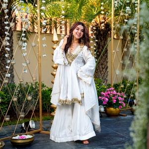 White Chiffon Embroidered Sharara Set With Mirror Work Traditional Indian Ethnic Wear For <b>Wedding</b> Engagement Women - Product Image 1