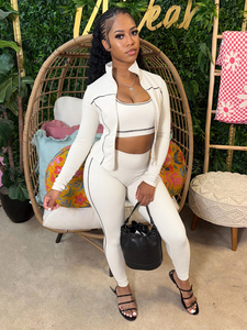 Mùa Thu Mới Màu Rắn Căng Ba Mảnh Activewear Set Với Cardigan Crop Top Áo Và Eo Cao Quần Và Tank Top - Product Image 4