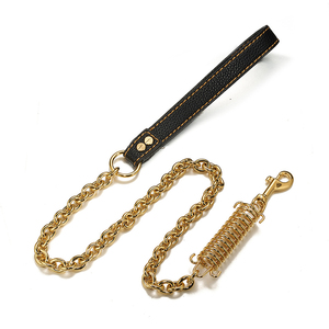 Pet Chain <b>Leash</b> Leather Padded Handle Buffer Gold Stainless Steel Cuban Link Training Heavy Duty <b>Dog</b> <b>Leash</b> - Product Image 5