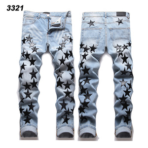 High Street Punk Style Streetwear Y2K Ropa 2024 Hombres Slim Shot <span class=keywords><strong>Jeans</strong></span> Star Leather Patch Fashion Slim Mans <span class=keywords><strong>Jeans</strong></span> - Product Image 2