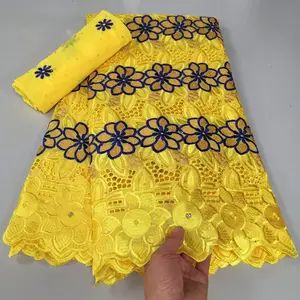 Chenlee ผ้าลูกไม้สีเหลืองประดับด้วยหินสำหรับชุดเสื้อผ้างานปักผ้าฝ้าย