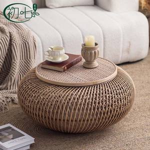 Rattan Coffee Table Round Natural Wood Color Storage Function For Small Living Room Japanese Style Hand Woven - Product Image 1