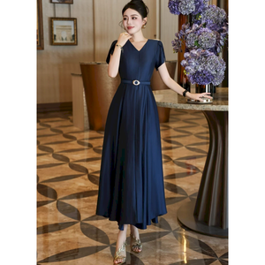 French Vintage Solid Elegant Fashion Big Swing Drapey <strong>Temperament</strong> Women's Waist Slimming Short Sleeve High-end Summer Long Skirt - Product Image 5