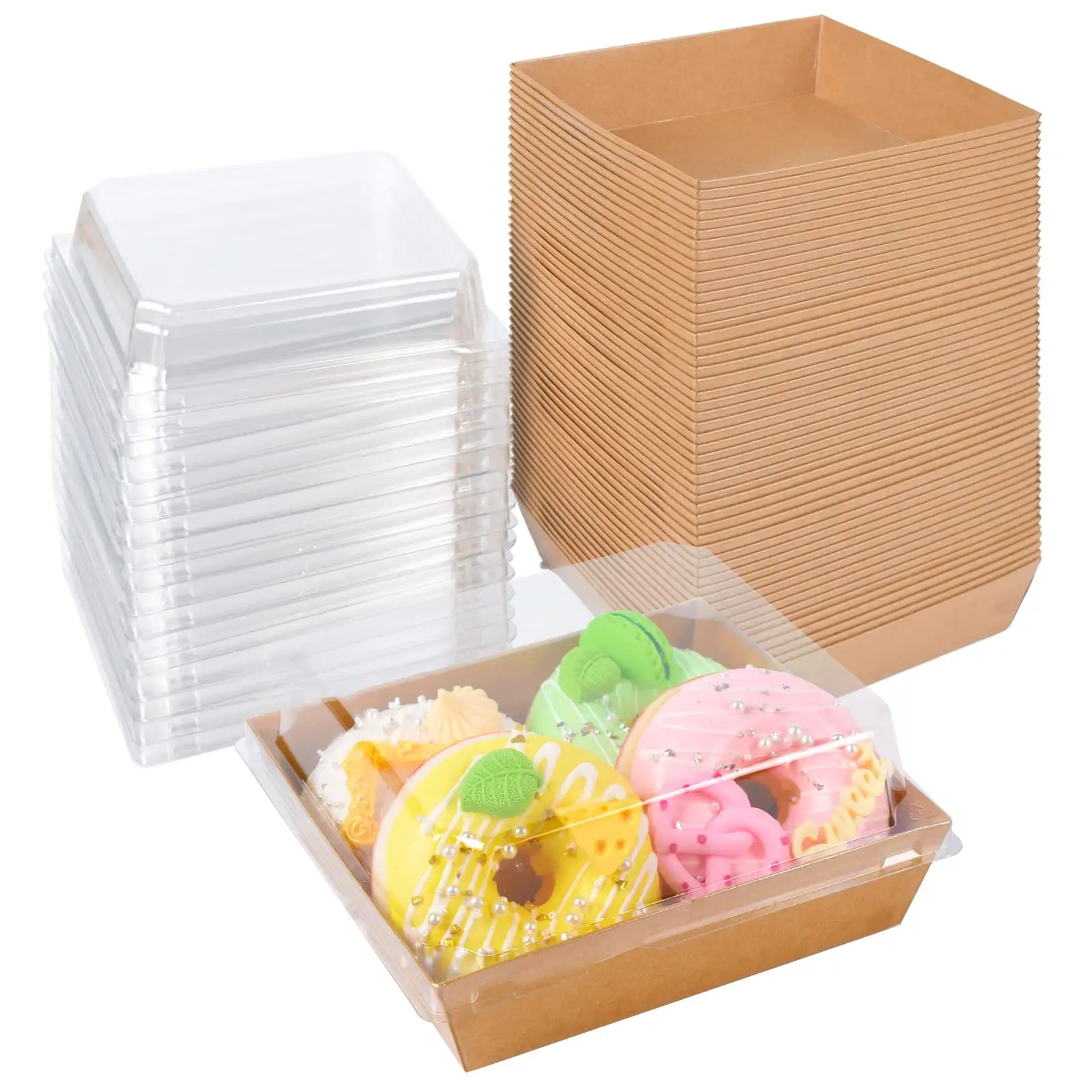 Sandwich Cake Swiss Roll Square Kraft Paper Charcuterie Boxes with Clear Lids Disposable Food Containers Dessert Boxes