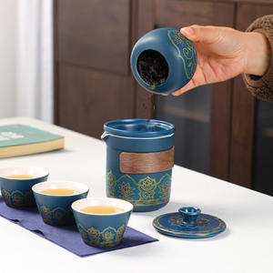 Kit de thé Gongfu tout-en-un pour les voyages avec étui en cuir bleu et théière en bois avec 3 tasses pour <span class=keywords><strong>la</strong></span> randonnée en plein air - Product Image 2