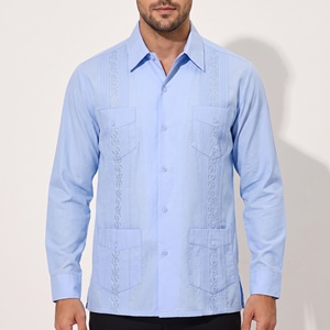 Camisa Guayabera para Hombre, de Algodón, Manga Larga, Bordada, Estilo Cubano, para Ceremonias de Boda y Eventos Formales de Negocios - Product Image 1