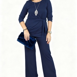 ชุดเซ็ต 2 ชิ้น เสื้อคอกลมผูกโบว์ทรงหลวมไซส์ใหญ่สำหรับผู้หญิง สไตล์ลำลอง แฟชั่นฤดูใบไม้ผลิ/ฤดูใบไม้ร่วง - Product Image 3