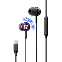 Écouteurs filaires USB-C personnalisés OEM avec logo LED lumineux, haut-parleur dynamique 10 mm, écouteurs intra-auriculaires en métal avec microphone