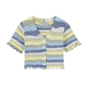 Women's Striped Knitted <b>Cardigan</b> Short Sleeve Cotton Medium <b>Thickness</b> Contrast Color Spring Summer Fashion Sweater - Product Image 1