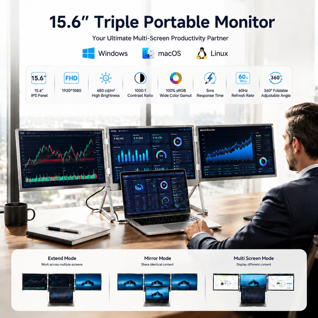 2026 Trending Triple Laptop Screen Extender 15.6 Inch Aluminum Alloy FHD IPS Triple Monitor for Office Travel Windows & Mac