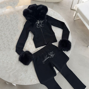 Su misura collo di pelliccia <span class=keywords><strong>Y2k</strong></span> strass due pezzi Zip up con cappuccio e pantaloni a zampillo personalizzato alta ragazza abbigliamento felpa con cappuccio da donna - Product Image 3