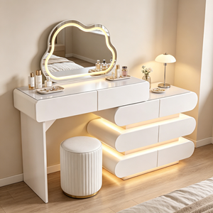 Coiffeuse moderne blanche avec miroir LED, meuble de rangement et tabouret pour chambre à coucher - Product Image 5
