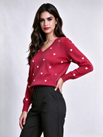 Pull-over à manches longues et col en V pour femme, motif à pois, jacquard, automne