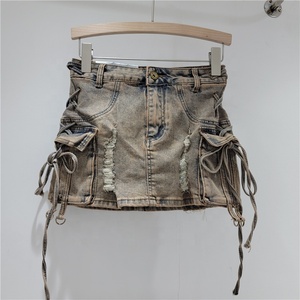 2024 Primavera Verano faldas de mezclilla para mujer bolsillos sólidos Vintage A-line cintura alta <span class=keywords><strong>Cargo</strong></span> Mini falda - Product Image 3