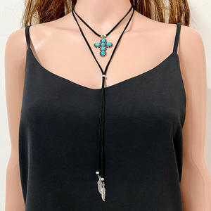 Винтажное богемное многослойное длинное ожерелье в Западном богемном стиле бирюзовый крест дизайн с кожаной веревкой и сплавом на годовщину - Product Image 3