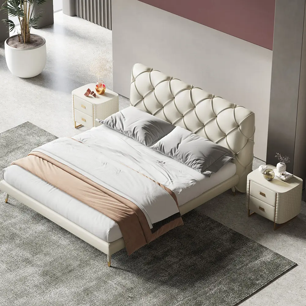लक्जरी आधुनिक आराम डिजाइन धातु असली लेदर रानी राजा आकार बेड असबाबवाला बिस्तर फ्रेम होटल विला बेडरूम फर्नीचर सेट