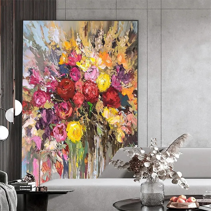 Home Decor Abstract Colourful Floral Oil Painting Rose Quadro Flower Wall Art Canvas Painting For Living Room