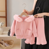 Cardigan à capuche en acrylique et élasthanne tricoté à grand col, ensemble pull pour enfants, style coréen, épaissi, double poche, coupe ample, couleur unie