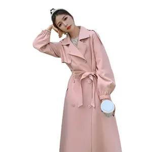 Kustom keluaran baru wanita jaket trench panjang menengah berkancing dua baris merah muda romantis mantel sabuk penglaju temperamen wanita