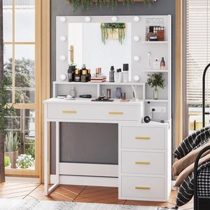 Modern <strong>White</strong> <strong>Vanity</strong> Makeup <strong>Desk</strong> With Mirror Dressing Table Makeup Table With Light for Bedroom - Product Image 2