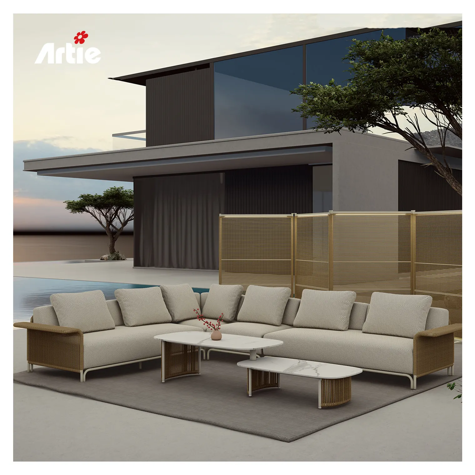 Artie Muebles de hotel de alta gama Sofá seccional al aire libre Muebles de mimbre para todo clima Juegos de sofás de jardín en forma de L