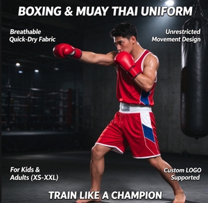 Combinaison de boxe personnalisée avec logo, pour hommes et femmes, respirante, à séchage rapide, veste et short rouge et bleu, kit d'entraînement - Product Image 1