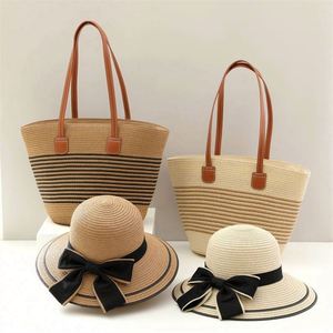 Conjunto de Dos Piezas de Bolso de Paja Tejida de Gran Capacidad para Mujer, Estilo Veraniego, con Sombrero de Paja para Playa - Product Image 1