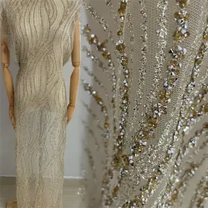 Hot Sale Golden&silver Luxury Stripe Rhinestone Glitter Lace Fabric for Party Dress