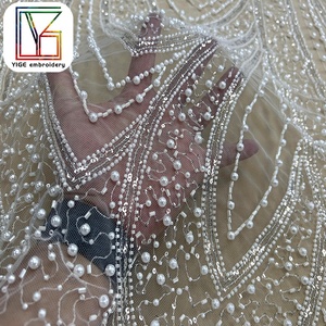 Sang Trọng Nặng Màu Trắng Ngọc Trai Đính Cườm Cô Dâu Lưới Ren Vải Mật Độ Cao Sequin Ngọc Trai Thêu Ren Lưới Vải Cho Váy Cưới - Product Image 4