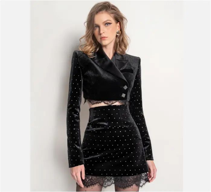 Abito invernale a maniche lunghe gonna da donna abiti in pizzo nero Mini blazer da donna in due pezzi