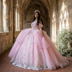 Vestidos de Quinceañera Modernos Rosa Claro, Vestido de Noche de Organza Rosa con Encaje y Perlas, Vestido de 16 Años con Cola de Capilla y Manga Larga - Product Image 1