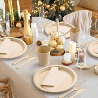 Vaisselle jetable en fibre de bambou et bagasse, assiettes biodégradables, ensemble de vaisselle écologique pour des dîners sains