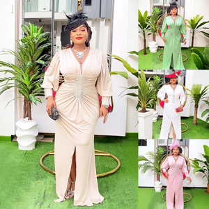 S10209 Robes de soirée grande taille pour femmes, robe longue à manches longues, col en V, perlée, robe longue de cérémonie, robe maxi africaine pour femmes - Product Image 2