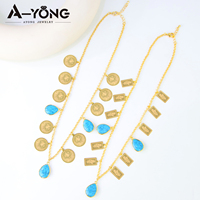 Parures de bijoux colorées en gros, ensemble de bijoux en or 18 carats avec pièce de monnaie carrée en forme de rose, design Dubaï, vintage, pièce de monnaie turquoise, ensemble de 3 pièces pour mariage