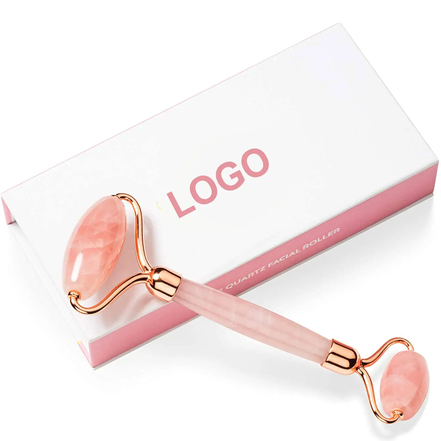 Custom Logo High Quality 100% Authentic Natural Stone Rose Quartz Rose Gold Jade Roller Massage Anti aging Face Roller