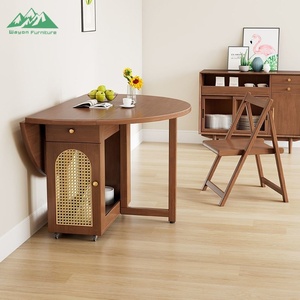 Wayon Modern Ceviz Ahşap Katlanır Yemek Masası Rattan Kapılı Depolama Dolabı Açılır Kapanır Tekerlekli - Product Image 1