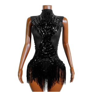 Body da Donna Nero Lussuoso con Pietre Grandi in Spandex/Poliestere, con Frange ad Alta Mobilità per Performance sul Palco, Cantante, Showgirl, Nightclub - Product Image 1