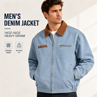 Veste en jean pour homme, coupe décontractée, col en velours côtelé personnalisé, bleu clair délavé, fermeture éclair, logo patch, nouveau style, manteau tendance
