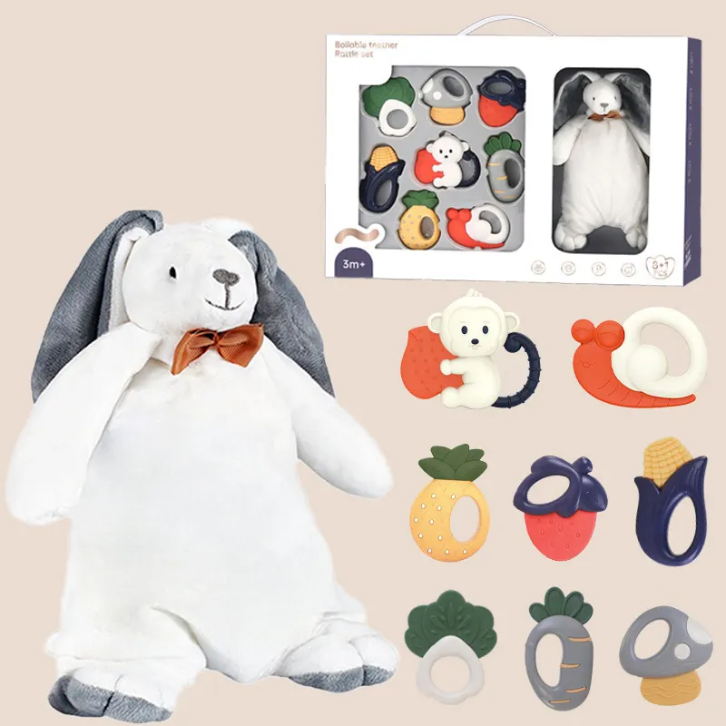 Custom Bpa Gratis Bunny Pop Shower Baby Cadeau Set Food Grade Siliconen Baby Ratelende Bijtring Voor Pasgeboren Baby Cadeau Set