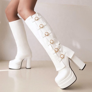 Multi-buckles Fashion Overlay <b>Boots</b> Fashion Concise Thick High Heel Platform Knee High <b>Boots</b> for Women Solid Square Toe - Product Image 1