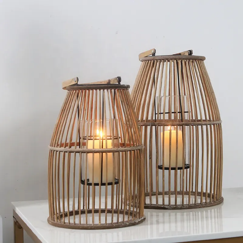 Suporte de vela em rattan trançado, suporte de vela de bambu com alça, uso externo e fechamento, lanterna de madeira para decoração de casa