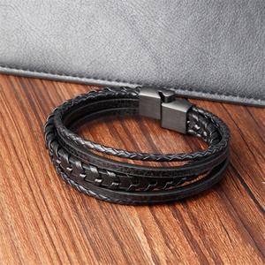 Luxury Custom Stainless Steel Leather Bracelet Multi Layer Men <b>Black</b> <b>Wrap</b> Leather Bracelet - Product Image 3