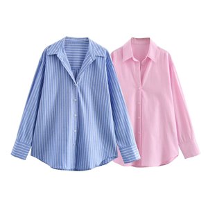 Abbigliamento Femminile Personalizzato S-L all'Ingrosso, Camicia Elegante Casual Primaverile/Estiva a Righe con Maniche Lunghe e Colletto a Bottoni - Product Image 1