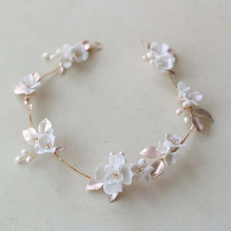 SLBRIDAL Handmade Rhinestones Ceramic Flower Freshwater Pearls Bridal Headband Hair Vine Wedding Hair Accessories Women Jewelry