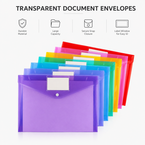 Pochettes transparentes A4 pour documents, enveloppes en plastique avec poche pour étiquette et bouton pression pour l'organisation à la maison, au <span class=keywords><strong>travail</strong></span> ou au bureau - Product Image 1