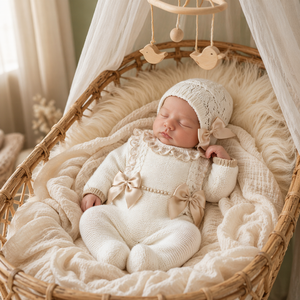 Tutina in cotone lavorato a maglia di lusso Kaiyue per neonate, con colletto in pizzo e piedini, <span class=keywords><strong>set</strong></span> con cappellino abbinato e fiocchi, tutina personalizzabile - Product Image 1