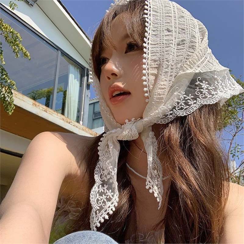 French Style Seaside Pastoral Lace Plaid Triangle Scarf Women's Toe Sunscreen Summer Retro Hair Belt Acrylic Ribbon Casual