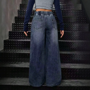<span class=keywords><strong>Jean</strong></span> ample bleu à jambe large pour adolescentes – Tendance du moment, taille élastique, en denim, avec poches avant et arrière, pour un usage quotidien décontracté - Product Image 2