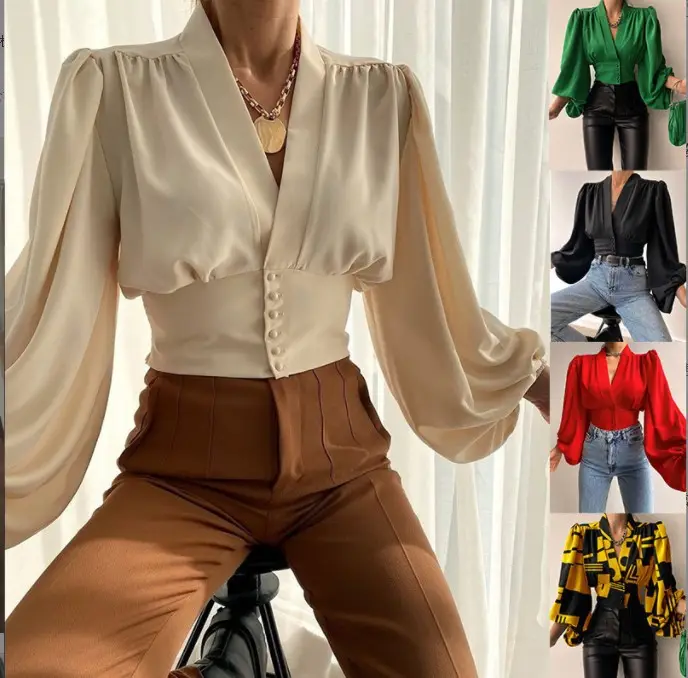 Hot Selling Office Ladies Elegant Tops Female Trendy Blouses Blusas V Neck Print Lantern Long Sleeve Shirts For Women